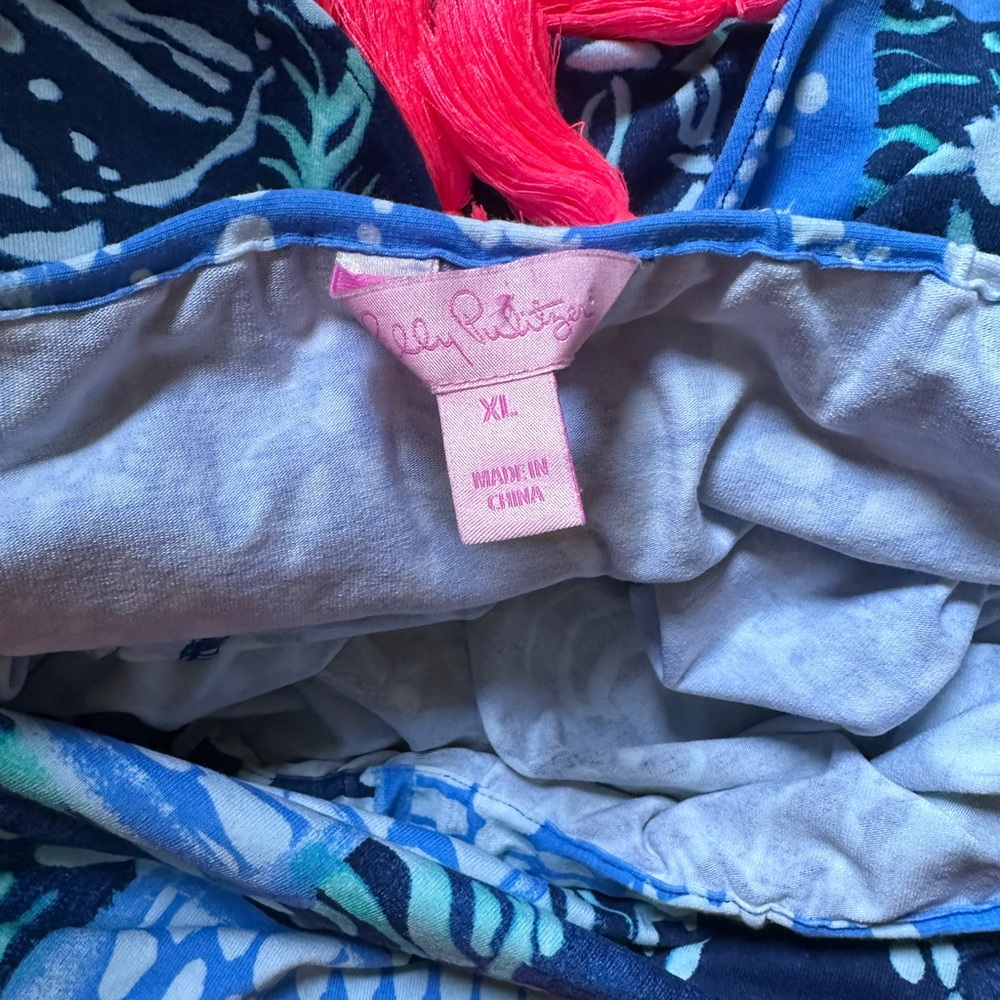 Lilly Pulitzer Blue Patterned Maxi Dress with Hot Pink Tassels - Picture 5 of 6